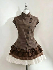 Cyflymder  2Pcs Women Outfit Retro Plaid Short Sleeve Top High Waist Pleated Skirt Y2K Harajuku Style Casual Street Clothing For Hot Girls