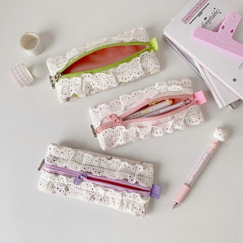 Cyflymder  Lace Pencil Case for Student Girl Ruffle Cute Korean Makeup Stationery Organizer Bag Portable Pouch Back To School Kawaii Gift