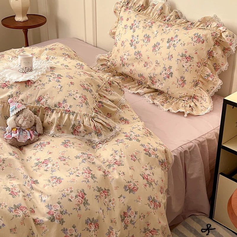 Cyflymder  Korean Princess Style Ruffles Flower Print Bedding Set Duvet Cover Set Bed Skirt Bedspread Pillowcases 100% Cotton Home Textile