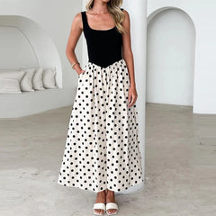 Cyflymder  Polka Dot Print Patchwork Vest Dress Fashion U-neck Sleeveless Loose Long Dress Women'e Elegant Draped Pocket Party Dress