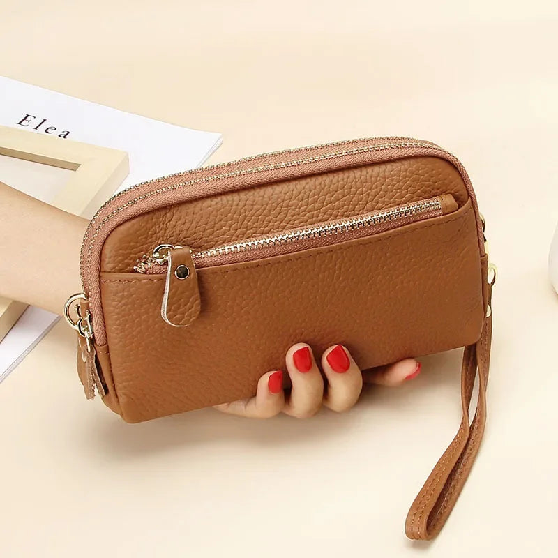 Cyflymder  Genuine Leather Women Double Zip Wallet new Ladies Clutch Purse Cowhide Wristlet Bag Coin Purse Fashion Mobile Phone Bags