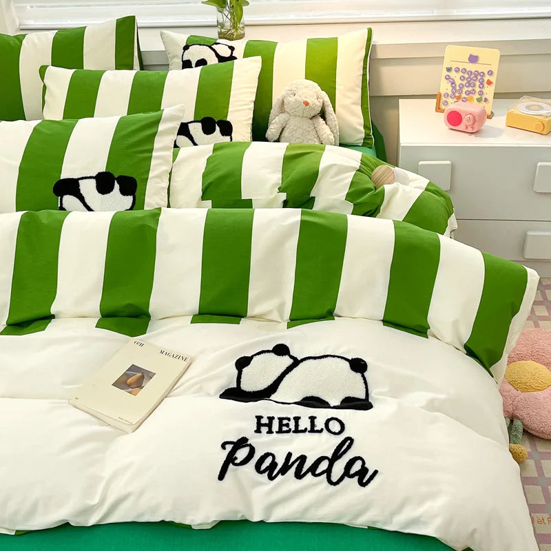Cyflymder  Pure Cotton Cat Embroidery Stripes Bedding Sets Cartoon Skin Friendly Quilt Set for Dormitory Home Single Queen Size Bedclothes