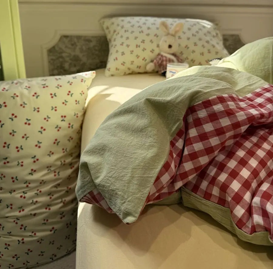 Cyflymder  Cute sweet cherry plaid red green bedding set,twin full queen king kawaii INS cotton home textile sheet pillow case quilt cover