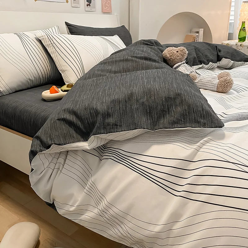 Cyflymder  Simple Nordic Pure Cotton Striped Bedding Set Naked Sleeping Comfortable Duvet Cover Set Fitted Sheet Kit for Single and Double