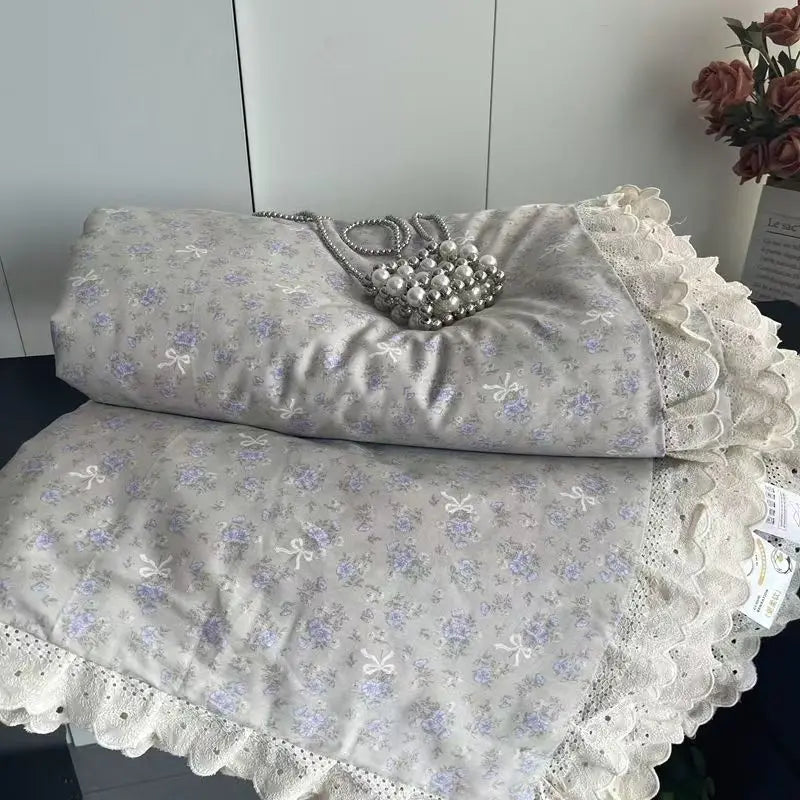 Cyflymder  Lace Pure Cotton Quilt 200x230cm Comforter Thin Summer Floral Printed Double Layer Gauze Quilted Blanket Queen Size Bedding