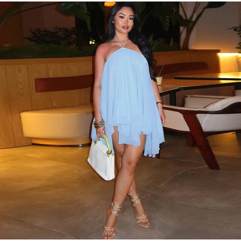 Cyflymder  Halter Pleated Backless Irregular Mini Dress Women Off Shoulder Sexy Big Swing A-line Holiday Dresses 2025 Summer Party Robe