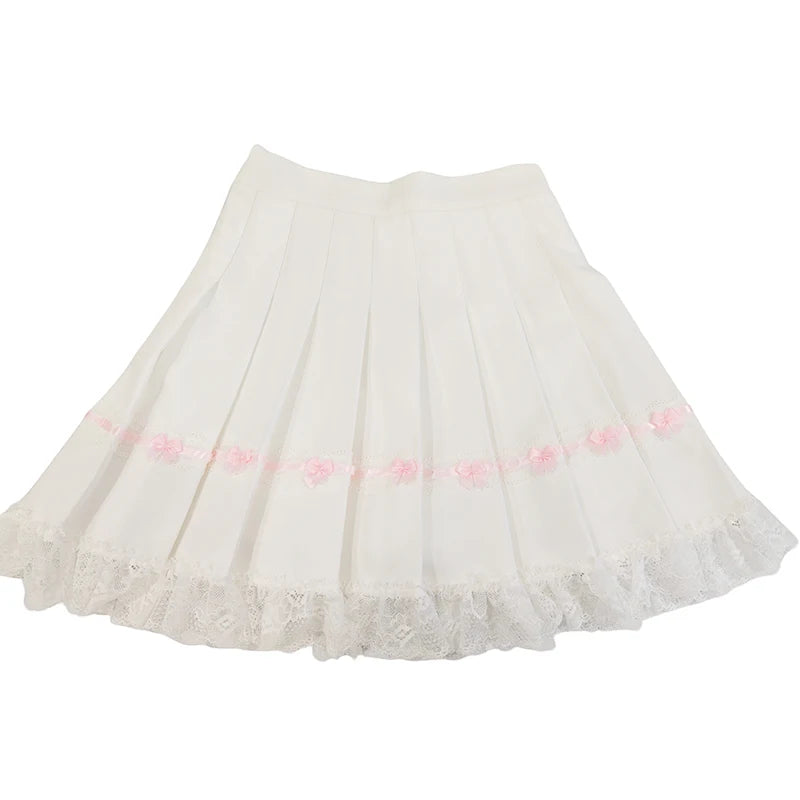 Cyflymder   Cute Pleated Skirts Women High Waist Lace Trim Pink Bows Decoration Sweet A-line Mini Shorts Skirt Harajuku