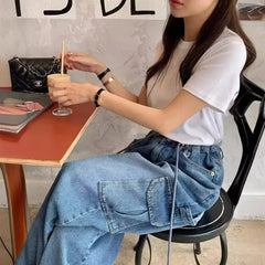 Cyflymder  Drawstring Large Pocket Neutral Loose Overalls Denim Wide-leg Pants