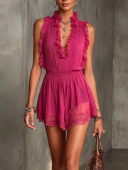 Cyflymder  Sexy Lace Trim V-neck Vacation Mini Dress Casual Sleeveless Elastic Waist Solid Short Dress Elegant Ruffle Women's Party Dresses