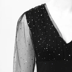 Cyflymder  Women's Black Sequins Mini Dress Mesh Long Sleeve Bodycon Wrapped Hip Sexy Short Dress Deep V-Neck Patchwork Club Party Dress
