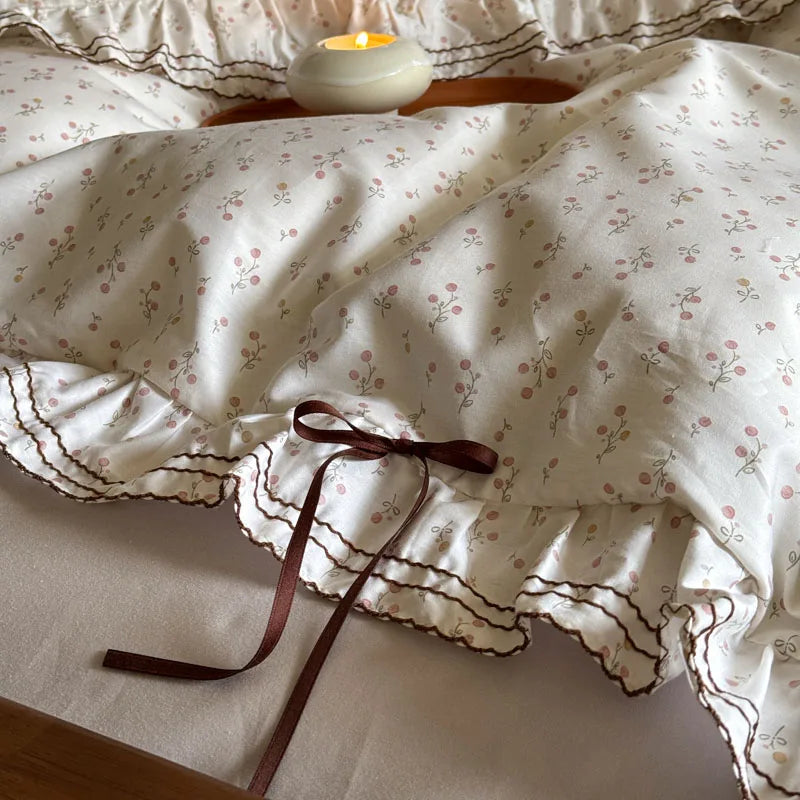Cyflymder  100% Cotton Pastoral Floral Print Ruffles Bow Princess Bedding Set Queen King Duvet Cover Set Bed Sheet/Fitted Sheet Pillowcases
