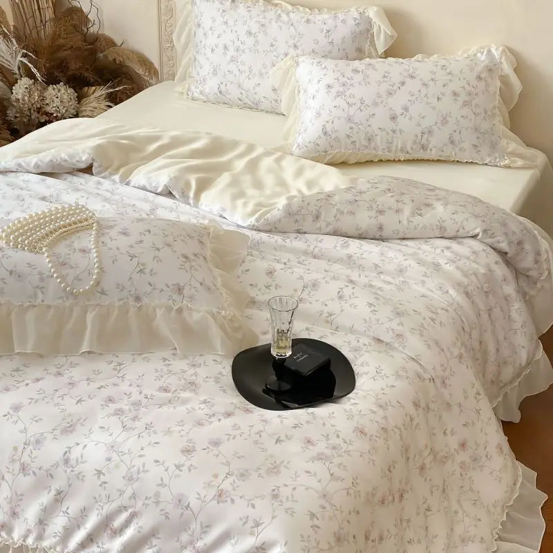 Cyflymder  Flower Prints Lace Ruffles Princess Bedding Set Lyocell Bamboo Fiber Soft Silky Cool Feeling Duvet Cover Bed Sheet Pillowcases