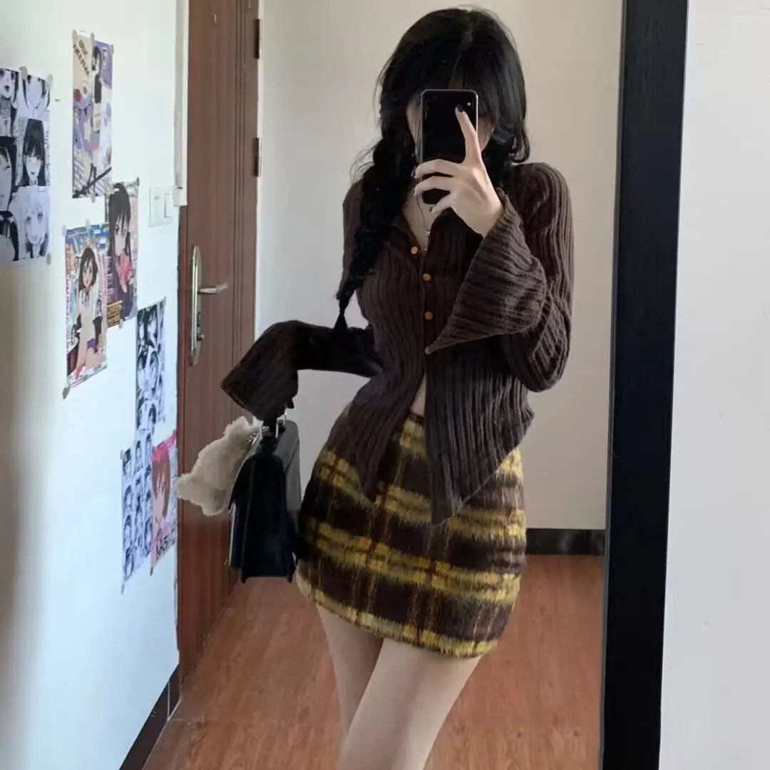 Cyflymder trashy outfits Two Piece Sets Womens Skirt Outfits Roupas Femme Slim Waist Vintage Knitted Sweater High Waist Plaid Bodycon Mini Skirt Set