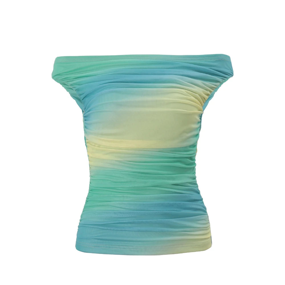Cyflymder  Gradient Color Slimming Vest for Women Slash Neck Short Sleee Backless Fashionable Sexy Top Female Summer New Style