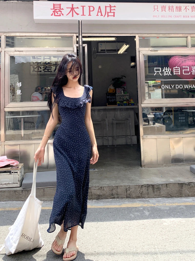 Cyflymder  Sweet Hot Girl Pure Sexy Ruffled Short-sleeved Dress Women's Summer Backless Polka Dot Mid-length Dress Fashion Female Clothes