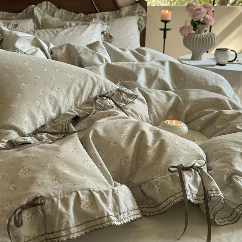 Cyflymder  100% Cotton Pastoral Floral Print Ruffles Bow Princess Bedding Set Queen King Duvet Cover Set Bed Sheet/Fitted Sheet Pillowcases