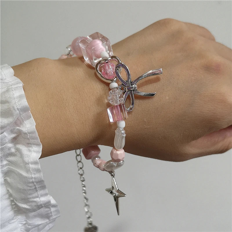 Cyflymder Gothic Vintage Kawaii Bowknot Star Moon Pink Heart Y2k Beads Beaded Bracelet For Girl Y2k EMO 90s Aesthetic Jewelry Accessories