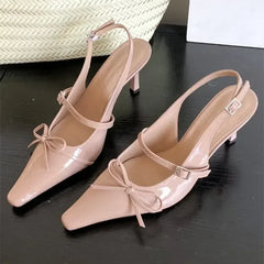 Cyflymder  Blue Patent Leather  Women Sexy Pointy Toe Bow Decorated Heeled Sandals Summer Elegant Slingbacks Dress  Pumps