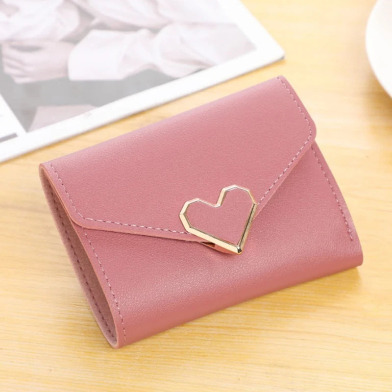 Cyflymder Fashion Heart Hasp Women Short Wallet Coin Pouch Solid Color Large Capacity Credit Card Holder Card Wallets Student Coin Purse