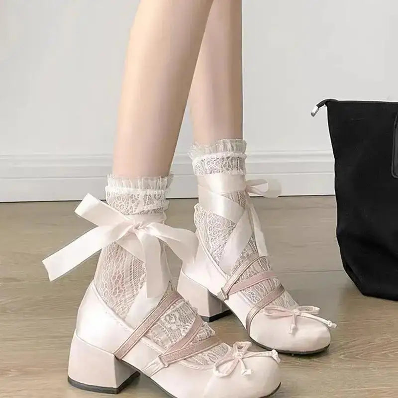 Cyflymder  Lolita Cross Strap Pink Round Toe Shoes Ladies Sweet Butterfly Knot Med Heels Mary Janes Shoes Women Fashion Party Shoes Mujer