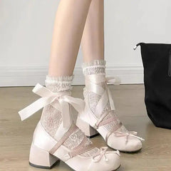 Cyflymder  Lolita Cross Strap Pink Round Toe Shoes Ladies Sweet Butterfly Knot Med Heels Mary Janes Shoes Women Fashion Party Shoes Mujer