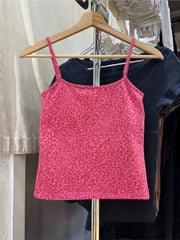 Cyflymder  Vintage Leopard Tank Shorts Set Women Basic Rose Red Crop Top Elastic Waist Straight Short Pant Sweet Cotton Home 2 Piece Sets