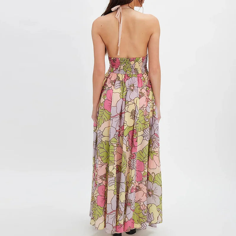 Cyflymder  Vintage Floral Printed Halter Evening Dress Sexy Off Shoulder High Waist Pleated Dress Trendy Backless Swing Women's Beach Dress