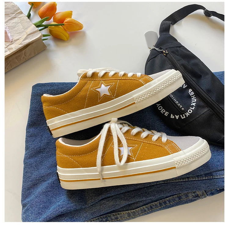 Cyflymder  Retro Star Canvas oes Women's Versatile Little Dir oes INS Skateboard oes Hong Kong Sle Ulzzang Trendy Student Whit...