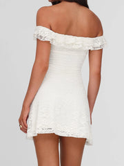 Cyflymder  Elegant Ladies Solid Lace Dress Summer Holiday Ruffles Off-shoulder A-line Mini Dresses for Women Vintage 2000s Clothing