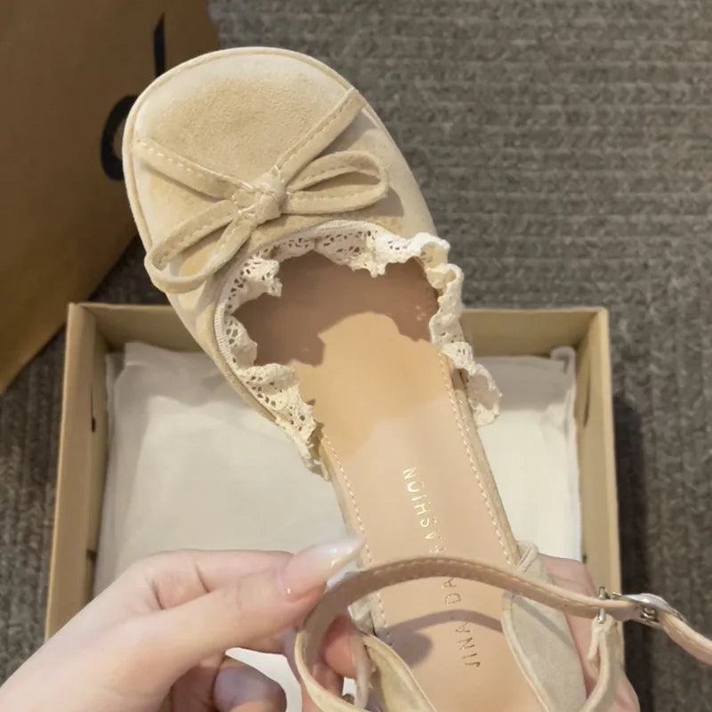 Cyflymder  French-style Bow Lady Mary Jane Shoes - Spring/Summer Fashionable Open-toe High Heels with Lace Trim, Sweet Style, Single Shoe