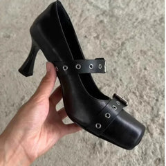 Cyflymder  New Black 7cm High Heels Sandals Metal Buckle Rivets Ballet Shoes Spicy Girl Square Toe Shoes PU Autumn Women's Shoes 35-39