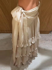 Cyflymder  Solid Waist Tie Ruffle Tiered Maxi Skirt Flowy Chiffon Layered High-Waist Long Skirts Summer Casual Fashion Beach Outfit
