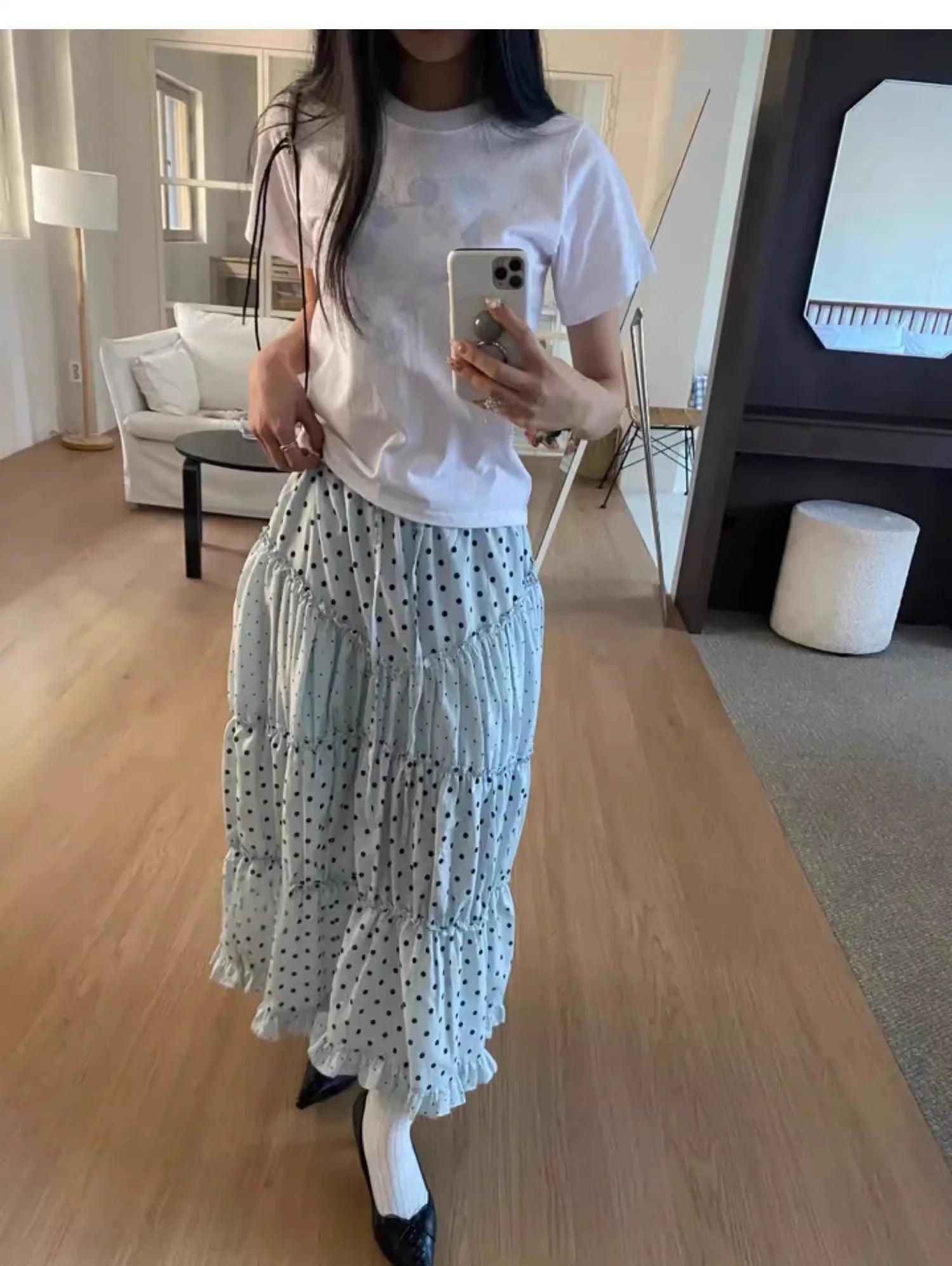 Cyflymder  Oxygen Girl Retro Polka Dot f-length Skirt with Pleated Lace Elastic Waist A-line Mid-length Commute Sle Summer 2025