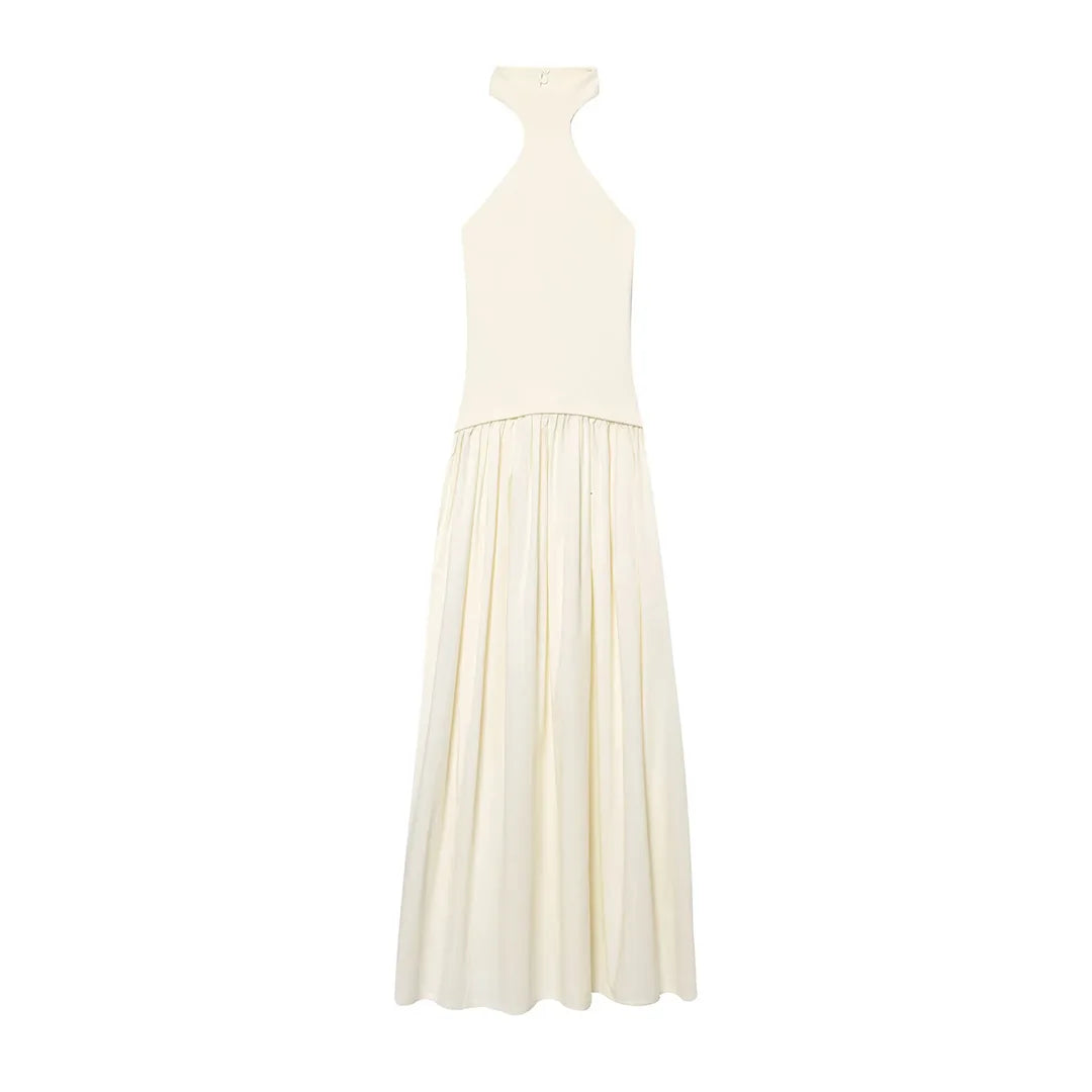 Cyflymder  Elegant backless dress for women casual knitted tight top stitching pleated long skirt summer party dinner date sexy midi skirt