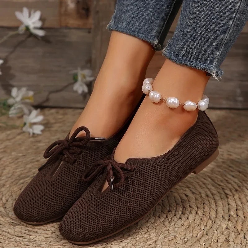 Cyflymder Autumn Mesh Breathable Women's Flat Shoes Solid Simple Ballet Flats Female Casual Lace-up Walking Shoes for Women