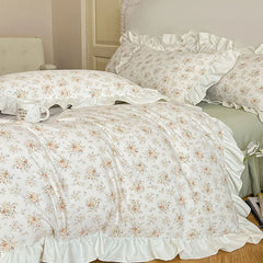 Cyflymder Princess Style Lace Bed Skirt Four Piece Set Small Floral Print Soft Bedding Set Cotton Fabric Skin Friendly Nude Sleeping Sheet