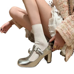 Cyflymder  Fashion  Janes Women's High Heels Concise Dress Pumps  High Chunky Heels Buckle Strap