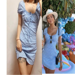 Cyflymder  Retro Blue Floral Print  Dr Sweet Front Bow Large Collar ort Sve Waist Cinched Street Sle Summer Dr for Women