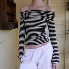 Cyflymder  Women Striped Long Sleeve Shirts Fold-Over Off Shoulder Tops Going Out Crop Sexy Slim Fitted Y2K Fall Outfits Fashion Clothes