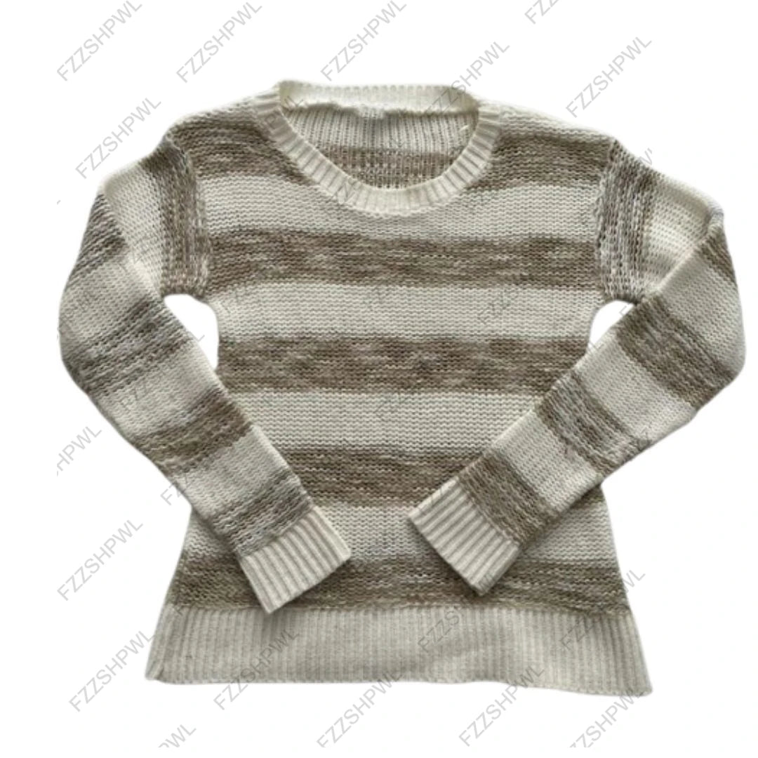 Cyflymder  Women V‑Neck Striped Knit Sweater Slim Long Sleeve Beige Brown Stripe Casual Fall Winter Warm Ladies Pullover Jumper