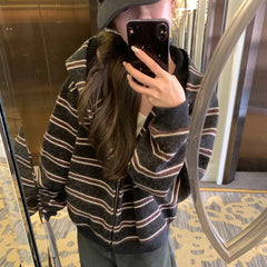 Cyflymder  American Striped Women Zipup Hooded Cardigan Autumn Retro Loose Y2K Streetwear Knitted Sweater Outerwear Woman