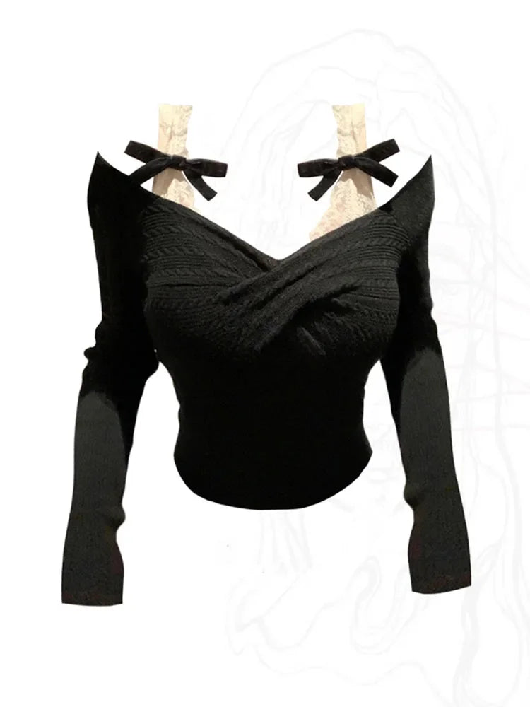 Cyflymder Spring Knitted Sweater Women Bow Fake Two Pieces Long Sleeve Slim Pullovers Black Chic Gothic Korean 2000s Vintage Y2k Clothing