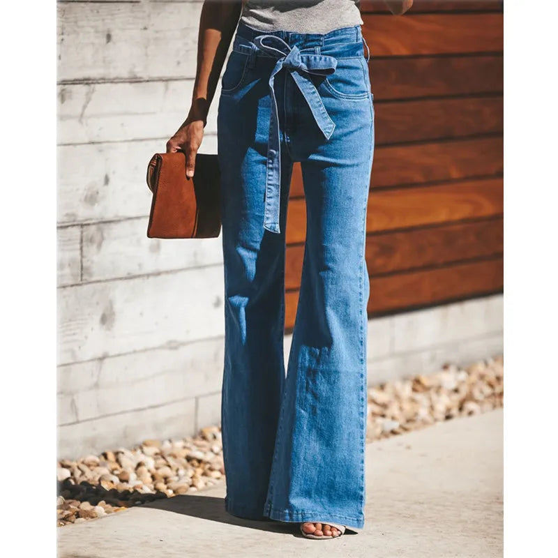 Cyflymder  Blue Tie Waist Flare Jeans Women Slim Denim Trousers Vintage Clothes spring High  Pants Belted Stretchy Wide Leg