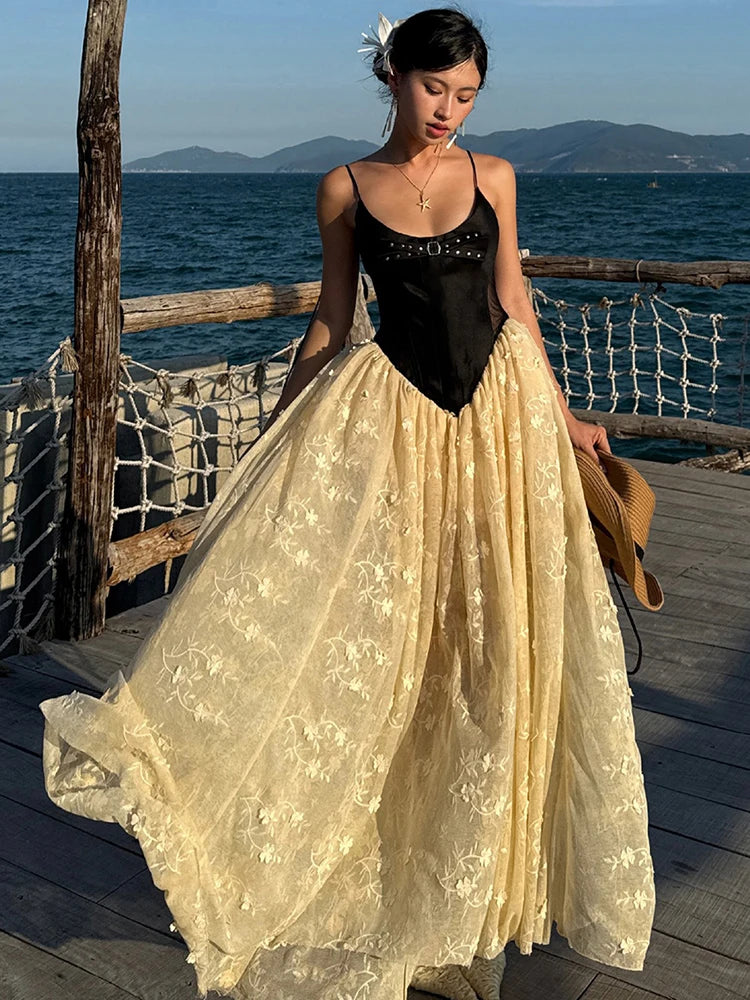 Cyflymder  Patchwork Jacquard Split Dress Women Bow Lace-Up Mesh Low Chest Fairycore Birthday Beach Vocation Skinny Long Bodycon