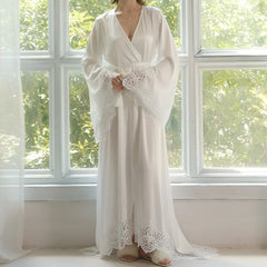 Cyflymder  Women's High-end Elegant French Romantic Nightgown with Satin Lace Decoration Long Trailing Bell Sleeves Home Robe