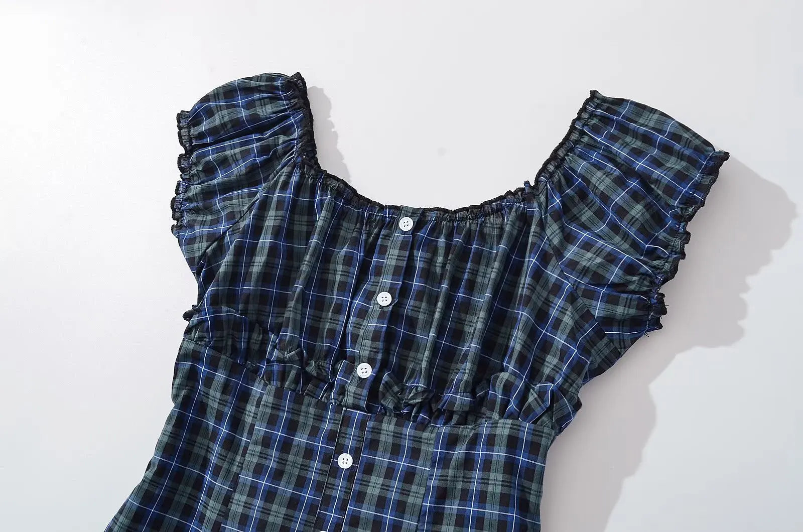 Cyflymder  CHIC Contrast Color Plaid Open Buttons Slash Shoulder Mini Dress Women Short Sleeve Slim Waist Dresses Holiday Robe Femme