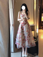 Cyflymder  Halter Rose Printed Women's Dresses Vintage Slash Neck Spaghetti Strap Summer Floral Dress Sexy High Street Evening Dress