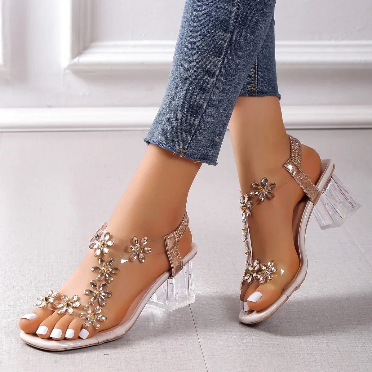 Cyflymder  Women;s Sandals Pvc Crystal Flower Shoes for Women Decoration Chunky Heel Sandals Ladies Back Strap Fashion Shoes Female