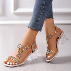 Cyflymder  Women;s Sandals Pvc Crystal Flower Shoes for Women Decoration Chunky Heel Sandals Ladies Back Strap Fashion Shoes Female