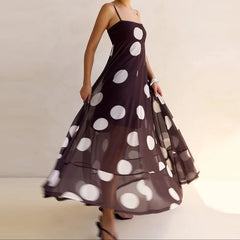 Cyflymder  Retro Polka Dot Maxi Dress Elegant Lady Spaghetti Strap Flowy Dresses for Women Summer Vacation Brunch Outfits